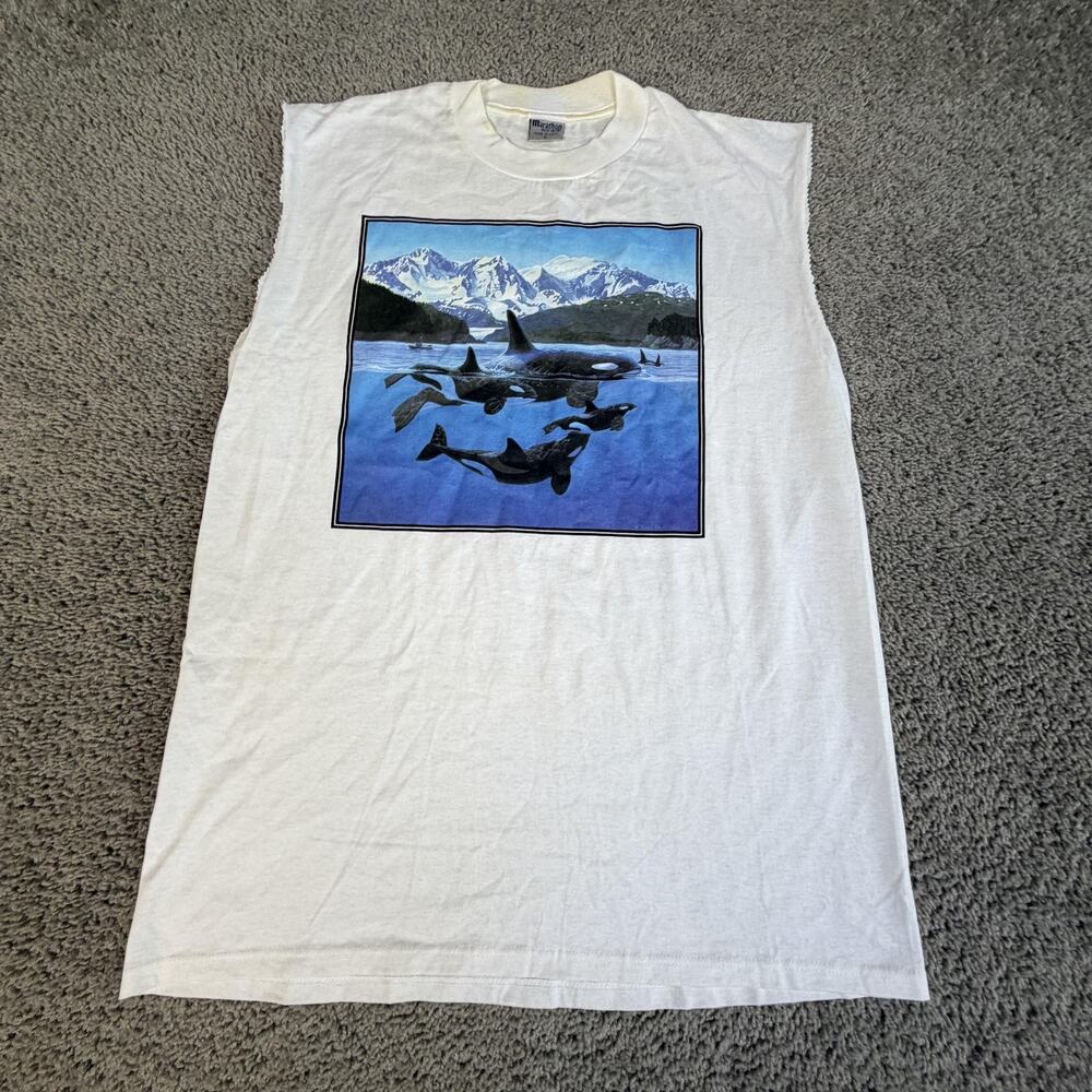 Vintage Killer Whale Shirt Mens L White Graphic Cotton Sleeveless Crewneck 90s